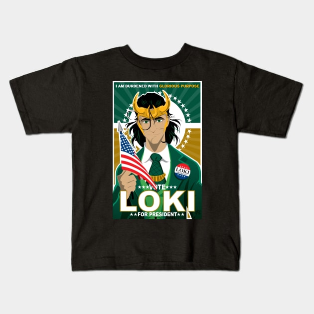 Loki for President Kids T-Shirt by CuddleswithCatsArt